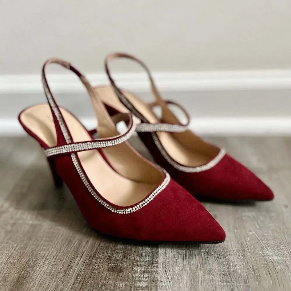 Ann Taylor Red Sling Back Pointy Toe Suede Glitsy Heels Sz 7.5M Runs Small - Picture 2 of 10